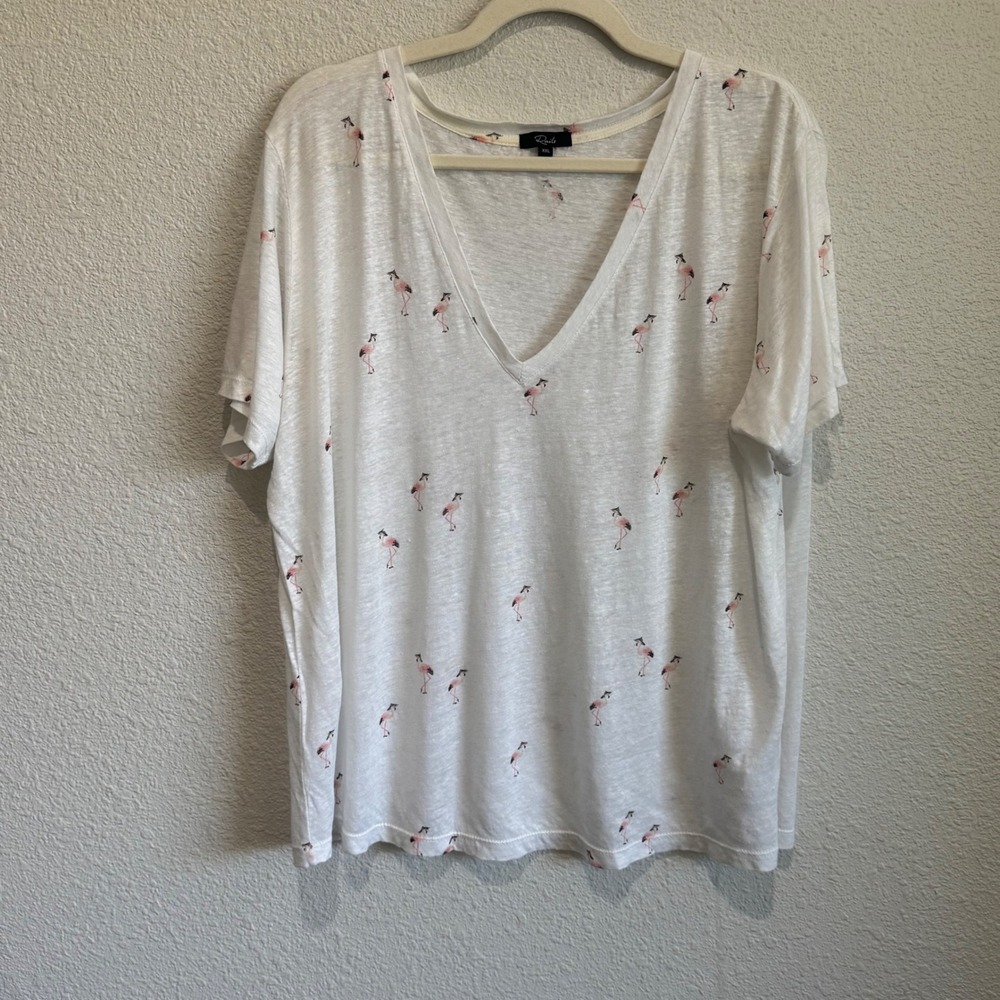 Rails Cara Retro Flamingos Linen Blend V-Neck Tee White XXL Boho Coastal Sheer